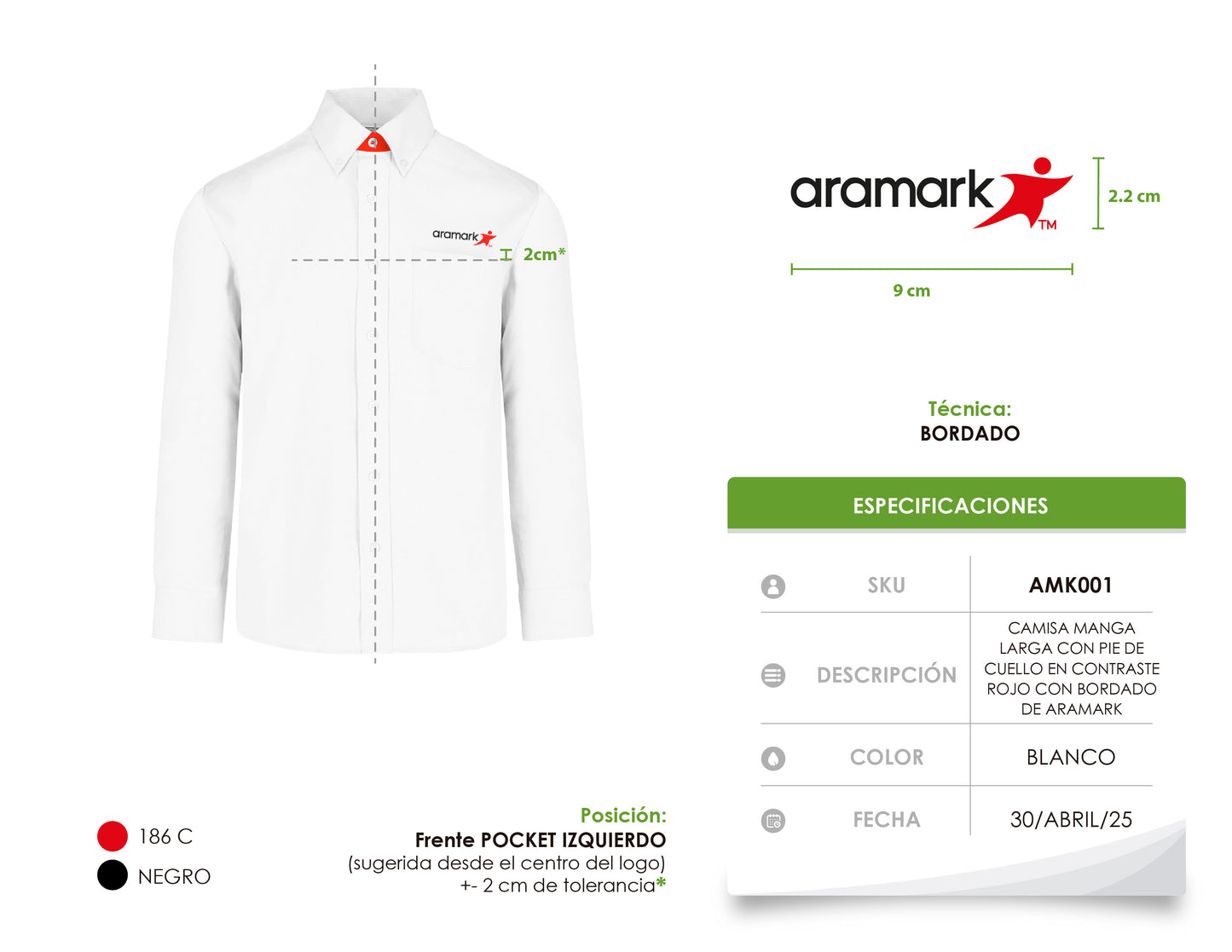 AMK001 / CAMISA HOMBRE OXFORD MANGA LARGA CON PIE DE CUELLO EN CONSTRASTE ROJO CON BORDADO ARAMARK