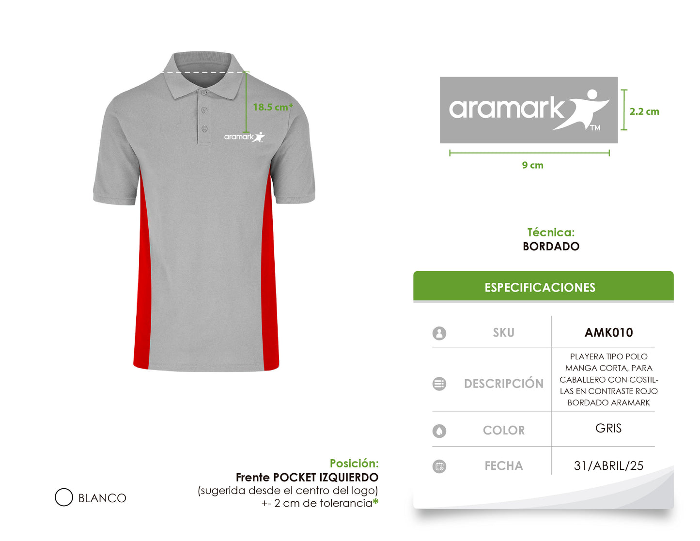AMK010 / PLAYERA TIPO POLO MANGA CORTA PARA CABALLERO CON COSTILLAS EN CONTRASTE ROJO, BORDADO ARAMARK