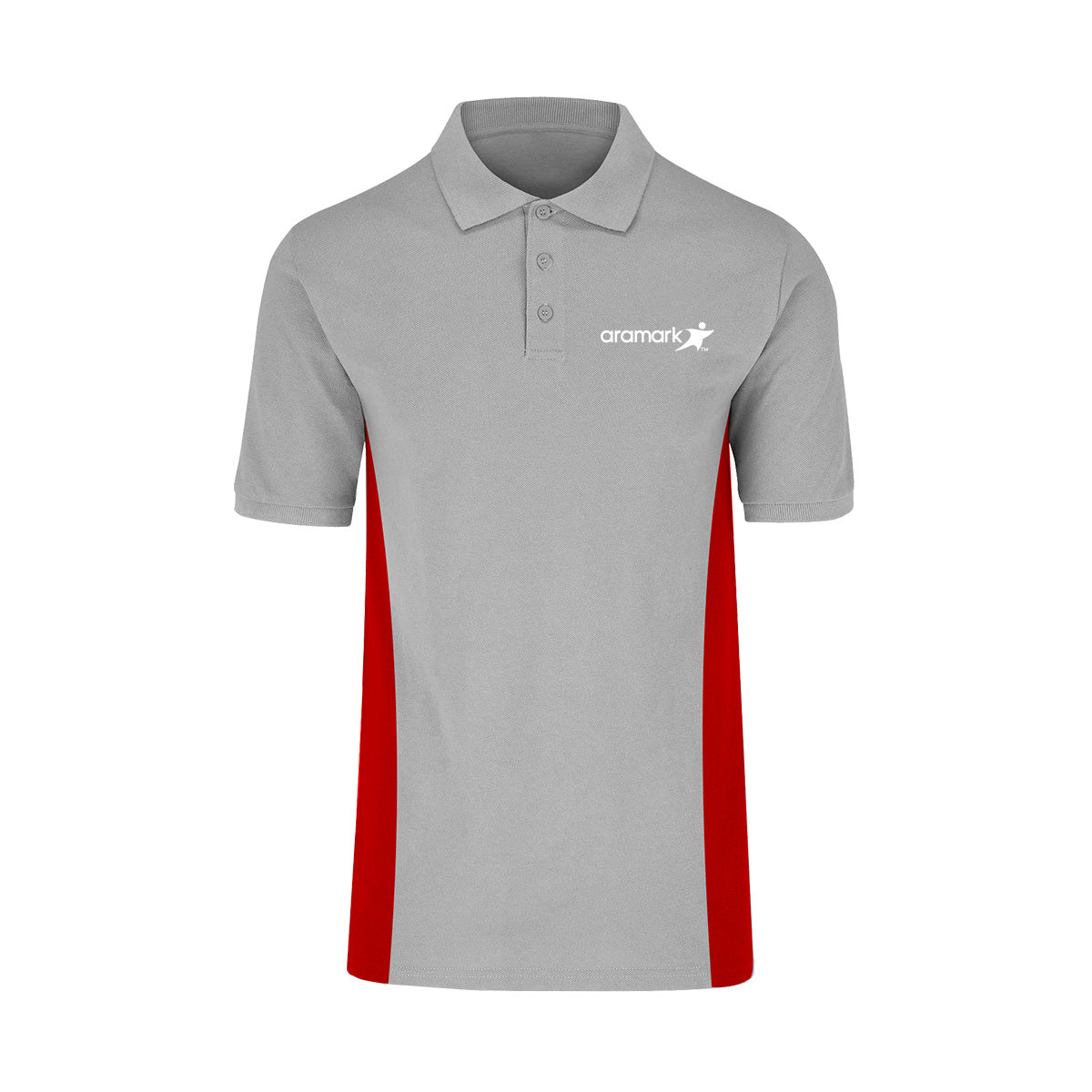 AMK010 / PLAYERA TIPO POLO MANGA CORTA PARA CABALLERO CON COSTILLAS EN CONTRASTE ROJO, BORDADO ARAMARK