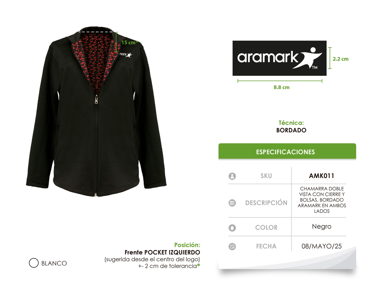 AMK011 / CHAMARRA DOBLE VISTA CON CIERRE Y BOLSAS. BORDADO ARAMARK EN AMBOS LADOS
