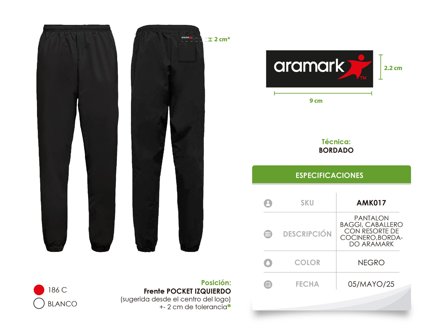 AMK017 / PANTALÓN BAGGI CABALLERO NEGRO CON RESORTE DE COCINERO. BORDADO ARAMARK