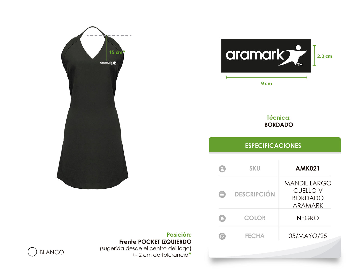 AMK021 / MANDIL LARGO CUELLO V NEGRO. BORDADO ARAMARK