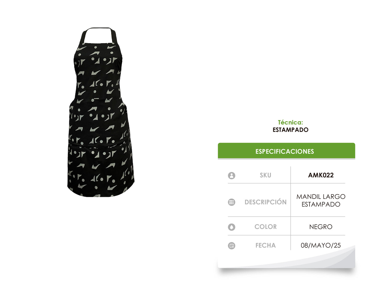 AMK022 / MANDIL LARGO NEGRO CON GRIS CON ESTAMPADO