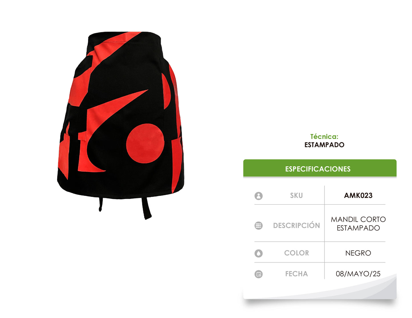 AMK023 / MANDIL CORTO NEGRO CON ROJO CON ESTAMPADO