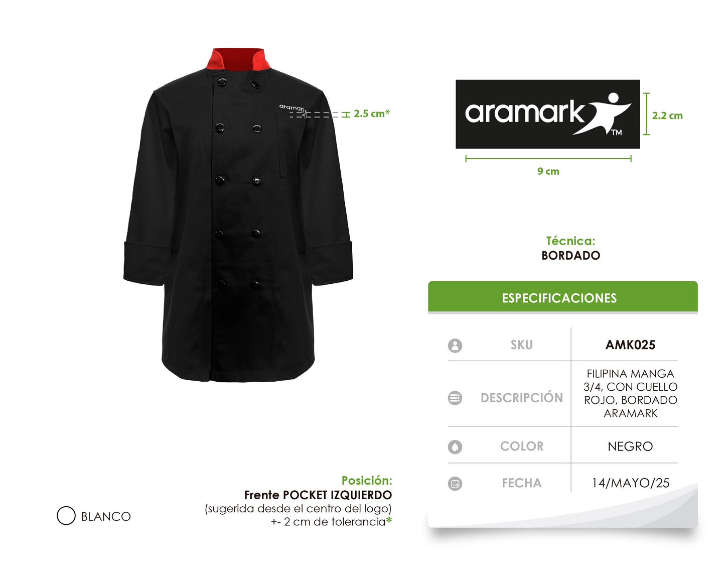 AMK025 / FILIPINA MANGAS 3/4 NEGRA CON CUELLO ROJO. BORDADO ARAMARK