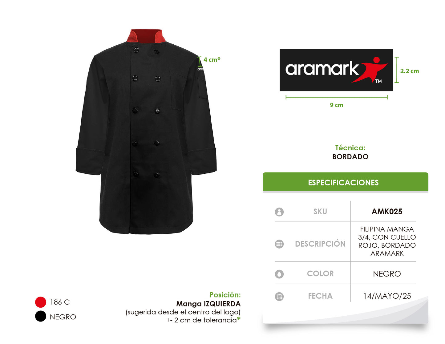 AMK025 / FILIPINA MANGAS 3/4 NEGRA CON CUELLO ROJO. BORDADO ARAMARK