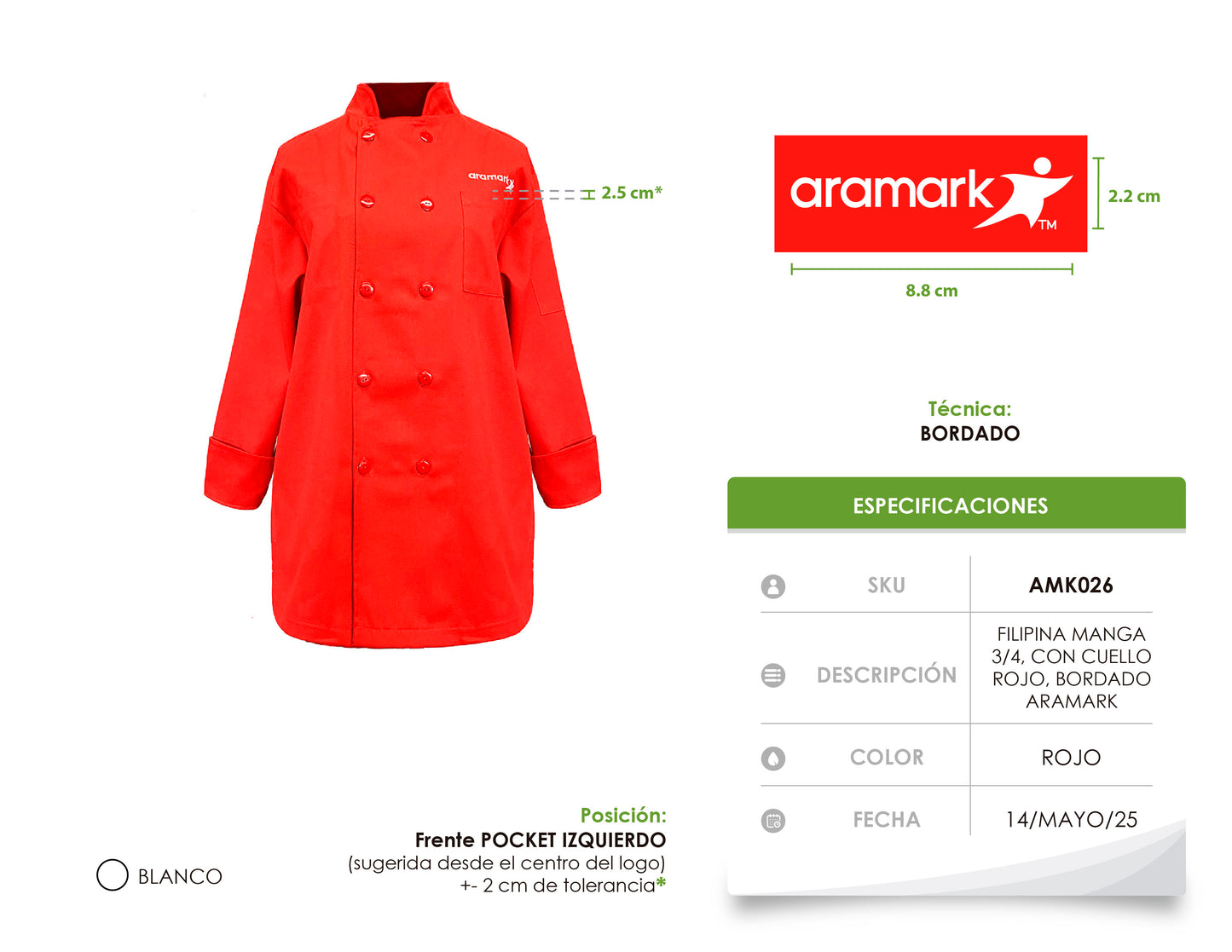 AMK026 / FILIPINA MANGAS 3/4 ROJA. BORDADO ARAMARK