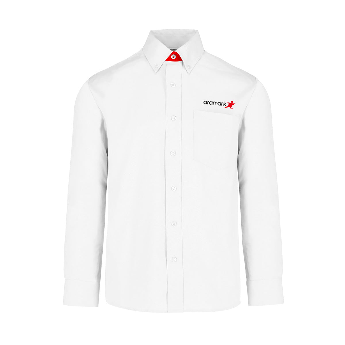 AMK001 / CAMISA HOMBRE OXFORD MANGA LARGA CON PIE DE CUELLO EN CONSTRASTE ROJO CON BORDADO ARAMARK
