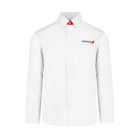 AMK001 / CAMISA HOMBRE OXFORD MANGA LARGA CON PIE DE CUELLO EN CONSTRASTE ROJO CON BORDADO ARAMARK