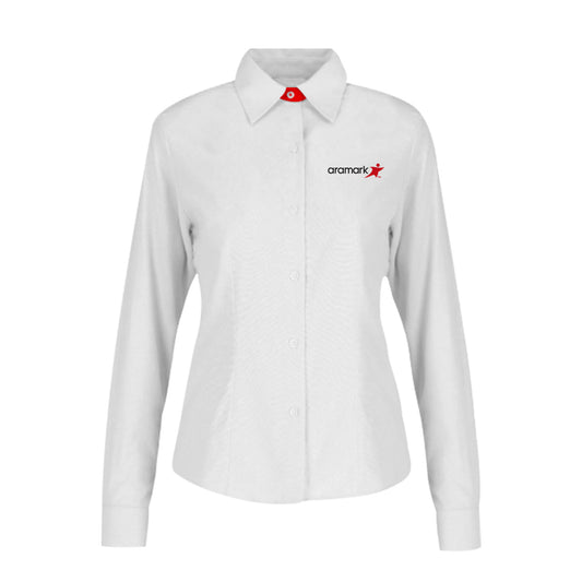 AMK002 / BLUSA DAMA OXFORD MANGA LARGA CON PIE DE CUELLO EN CONTRASTE ROJO CON BORDADO ARAMARK