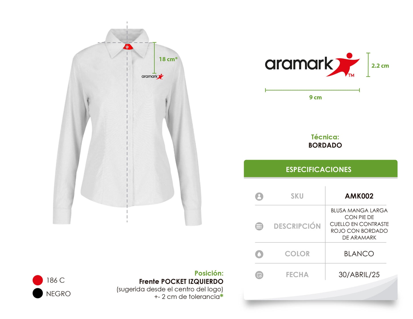 AMK002 / BLUSA DAMA OXFORD MANGA LARGA CON PIE DE CUELLO EN CONTRASTE ROJO CON BORDADO ARAMARK