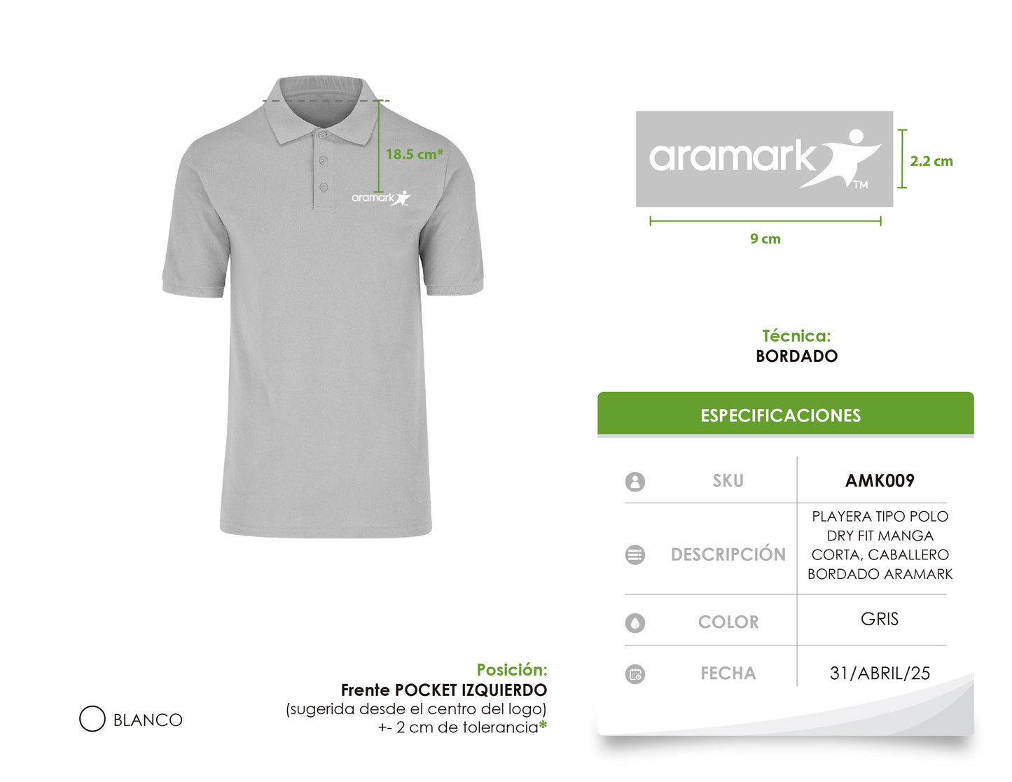 AMK009 / PLAYERA POLO DRY FIT MANGA CORTA PARA CABALLERO CON BORDADO ARAMARK