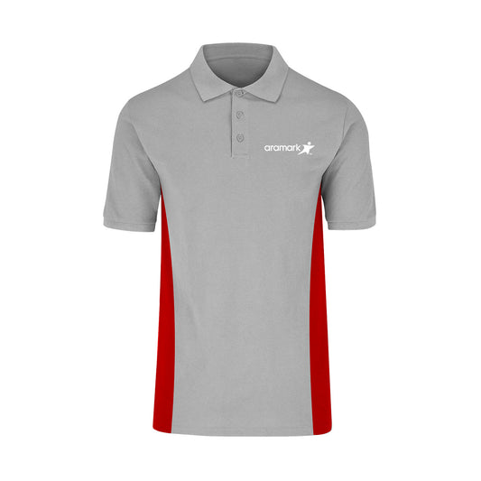 AMK010 / PLAYERA TIPO POLO MANGA CORTA PARA CABALLERO CON COSTILLAS EN CONTRASTE ROJO, BORDADO ARAMARK