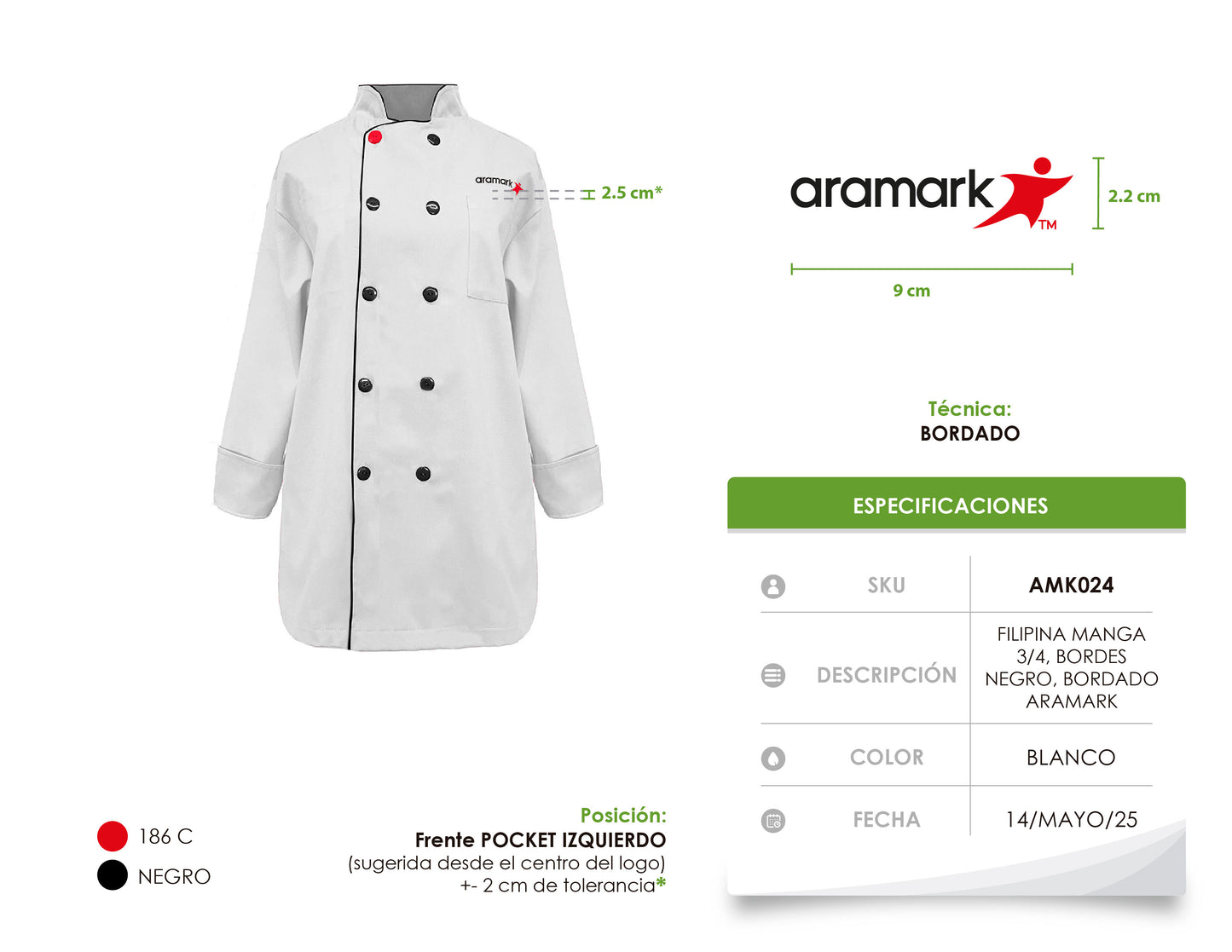 AMK024 / FILIPINA MANGAS 3/4 BLANCA CON BORDES NEGROS. BORDADO ARAMARK
