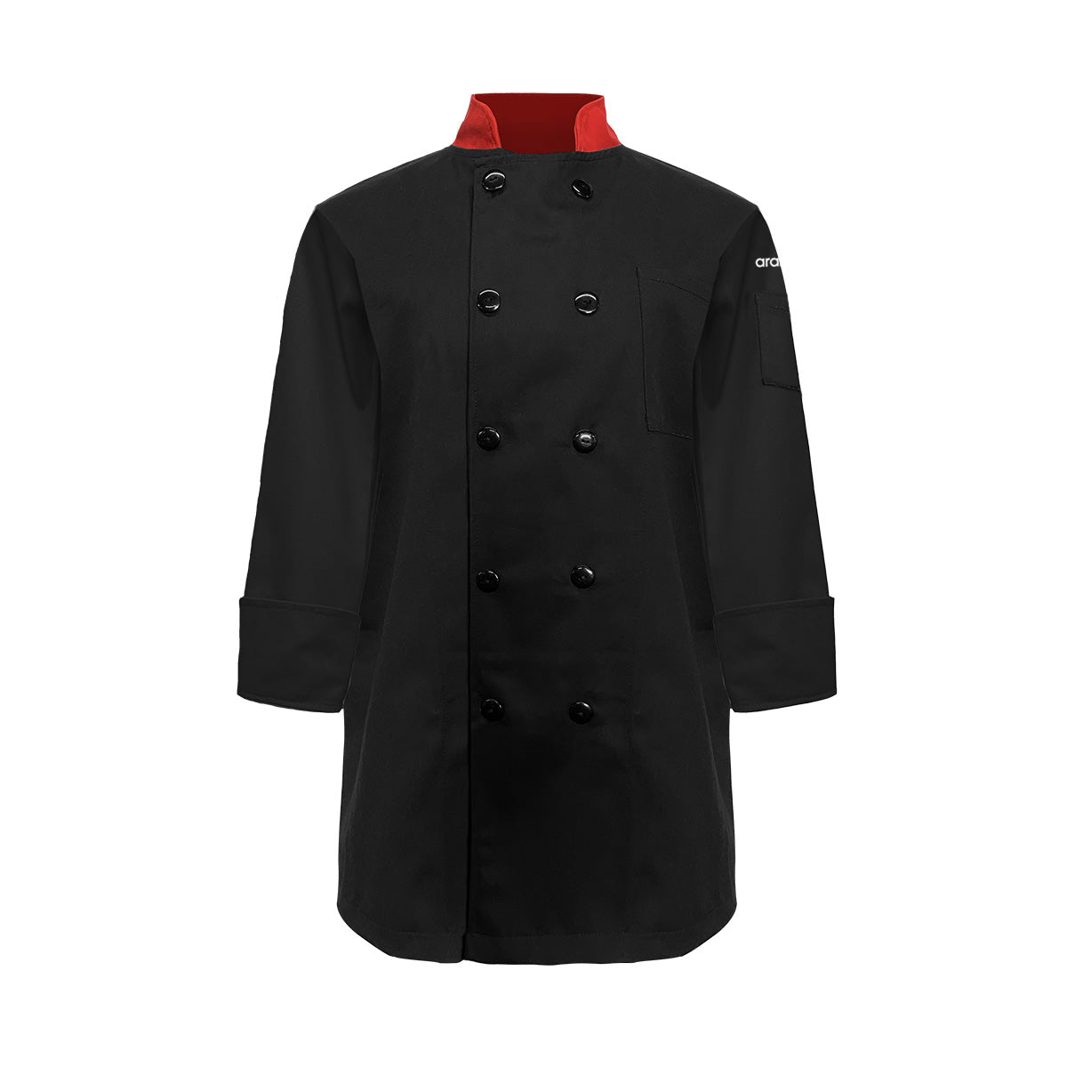 AMK025 / FILIPINA MANGAS 3/4 NEGRA CON CUELLO ROJO. BORDADO ARAMARK